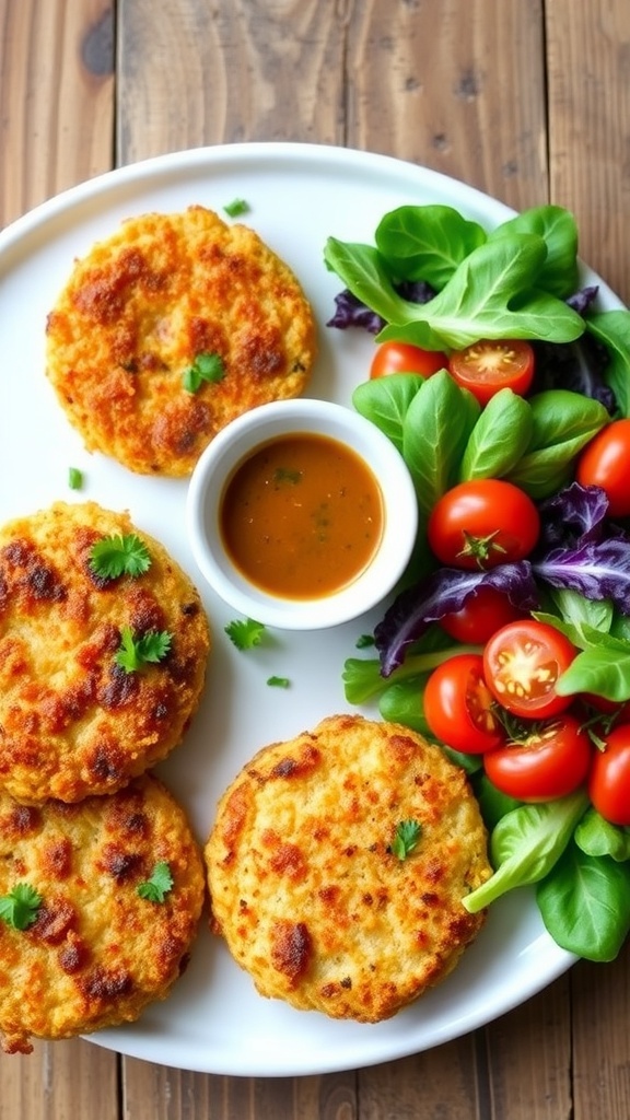 Golden quinoa chicken patties on a plate with dipping sauce and salad.